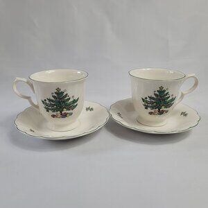 TWO Nikko Happy Holidays Cup & Saucer Sets White with Christmas Tree
